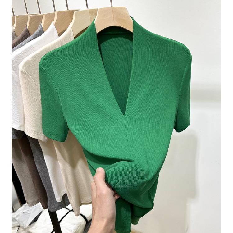 Threaded Fashion V-neck Short-sleeved T-shirt Women's Summer New Slim-fit Half-sleeved T-shirt Top