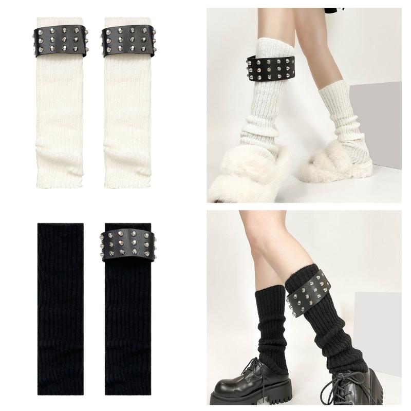 Gothic Punk Ribbed Knit Leg Warmer Sleeve with Metal Rivets Leather Belt Motorcycle Boot Covers Footless Socks for Women