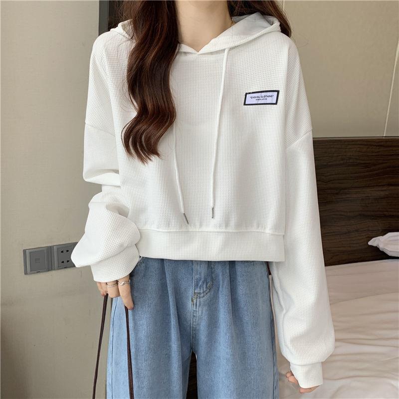 Women's Hooded Pullover Hoodie Loose Fit Solid Casual Spring Fall Waffle Knit Cropped Tops