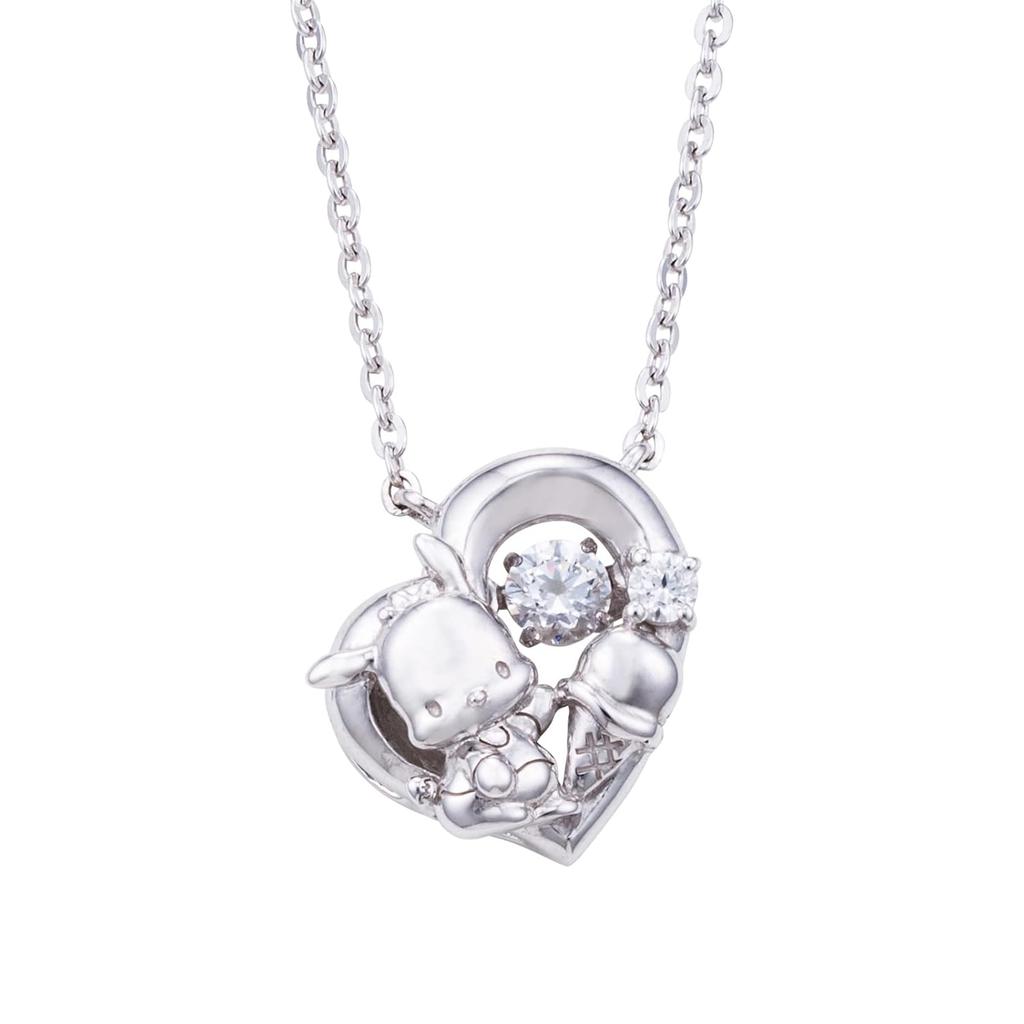 White Clover Pochacco Sanrio Characters Dancing Stone Necklace Pendant Open Heart Silver Color 925 Cubic Zirconia SAPOC-N005RD