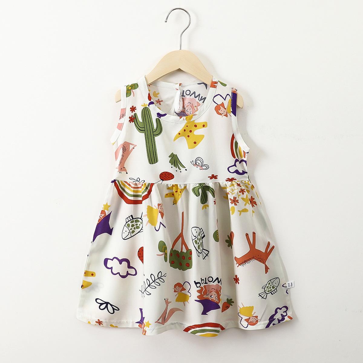 Girls Summer Rayon Vest Dress Baby Thin Artificial Cotton Floral Holiday Skirt 110cm