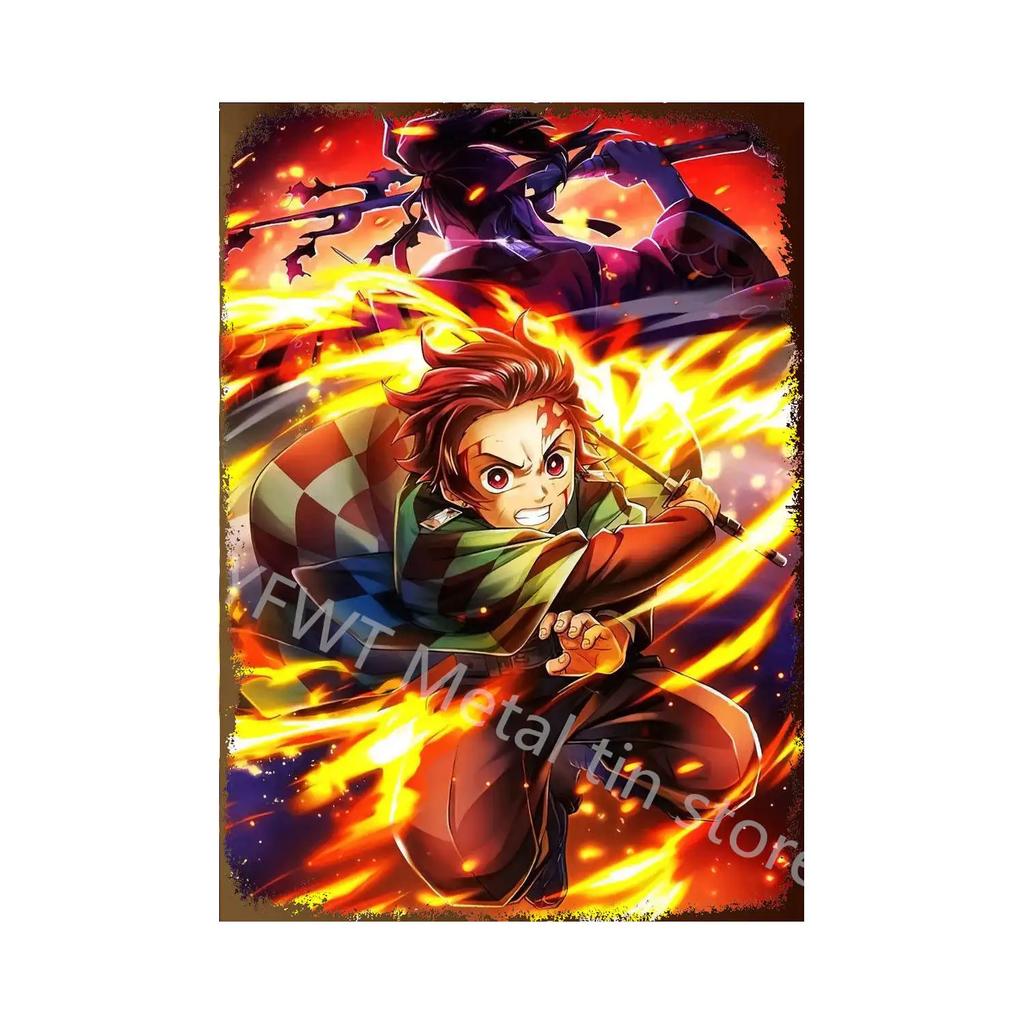 Demon Slayer Tin Sign Vintage Anime Metal Poster Colorful Wall Art Iron Plaque Retro Home Decoration for Bar Cafe Living Room