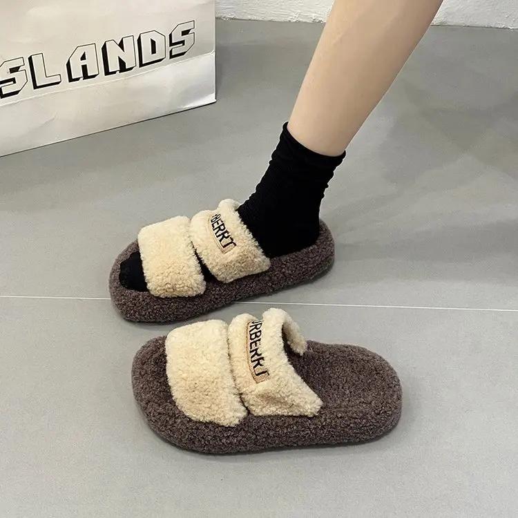 Fashion 2024 New Mao Slippers for Female Outwear Autumn and Winter Korean Thick Sole One Line Drag Girl Fairy Style Cotton Drag Ins