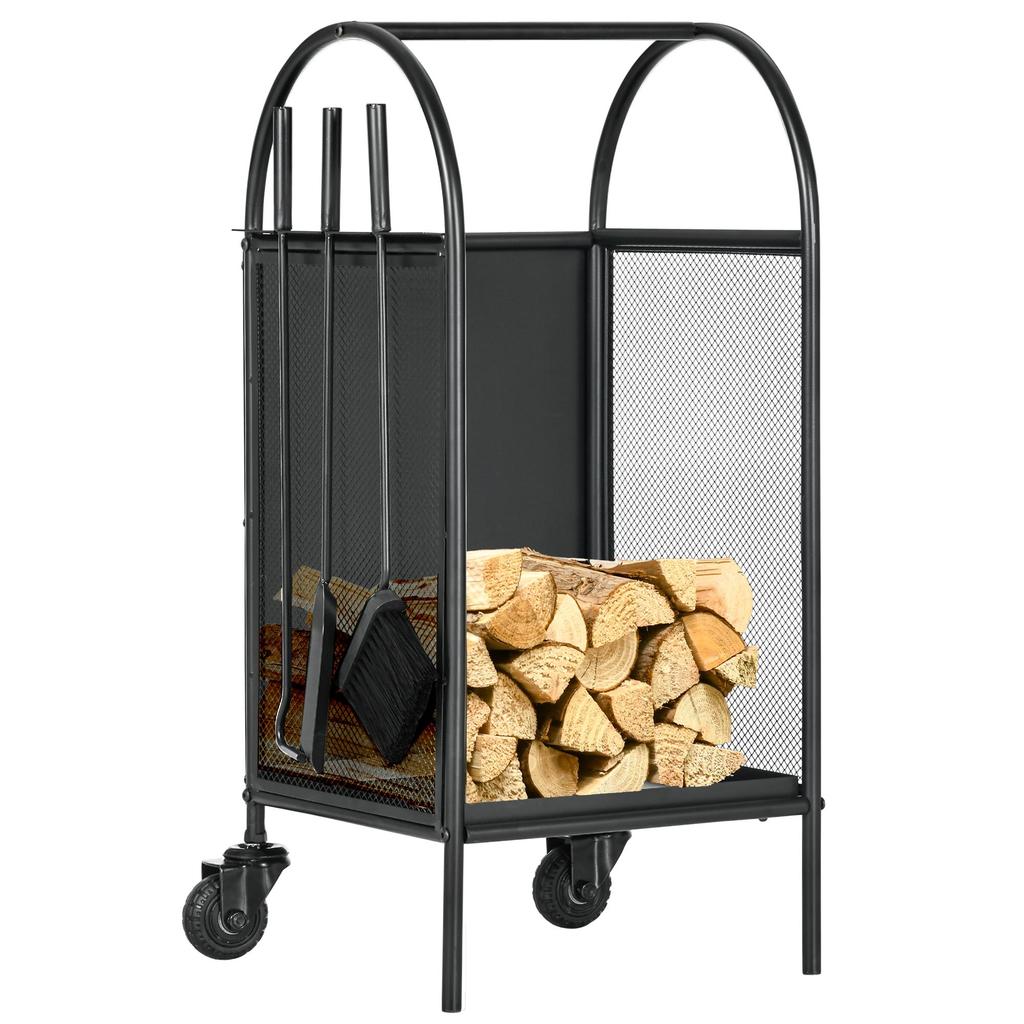 Holzregal Holzhalter auf Rädern mit Schaufel, Besen und Schürhaken Zubehör 37,5 x 37,5 x 80 cm schwarz