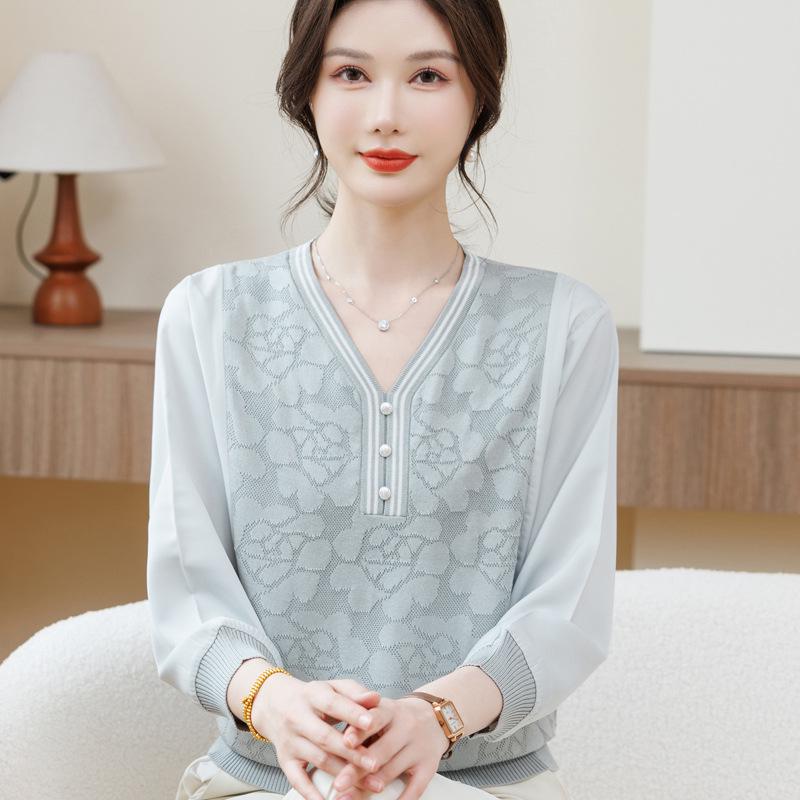 

Mom s V-neck Thin Knit Gauze Sleeve Top - 2026 Spring/Autumn Fashion for Middle-aged & Elderly Women 2XL for 125-135 jin