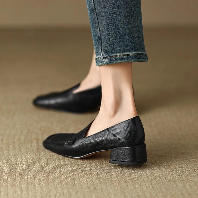Fashion NEW Spring/Autumn Women Loafers Square Toe Chunky Heel Shoes Elegant Genuine Leather Shoes for Women Retro Sheepskin Women Pumps