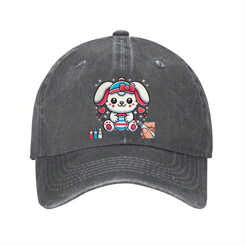Cute Cartoon Bunny Painting Easter Egg Baseball Cap Adjustable Vintage Cotton Casual Hat for Unisex Adults