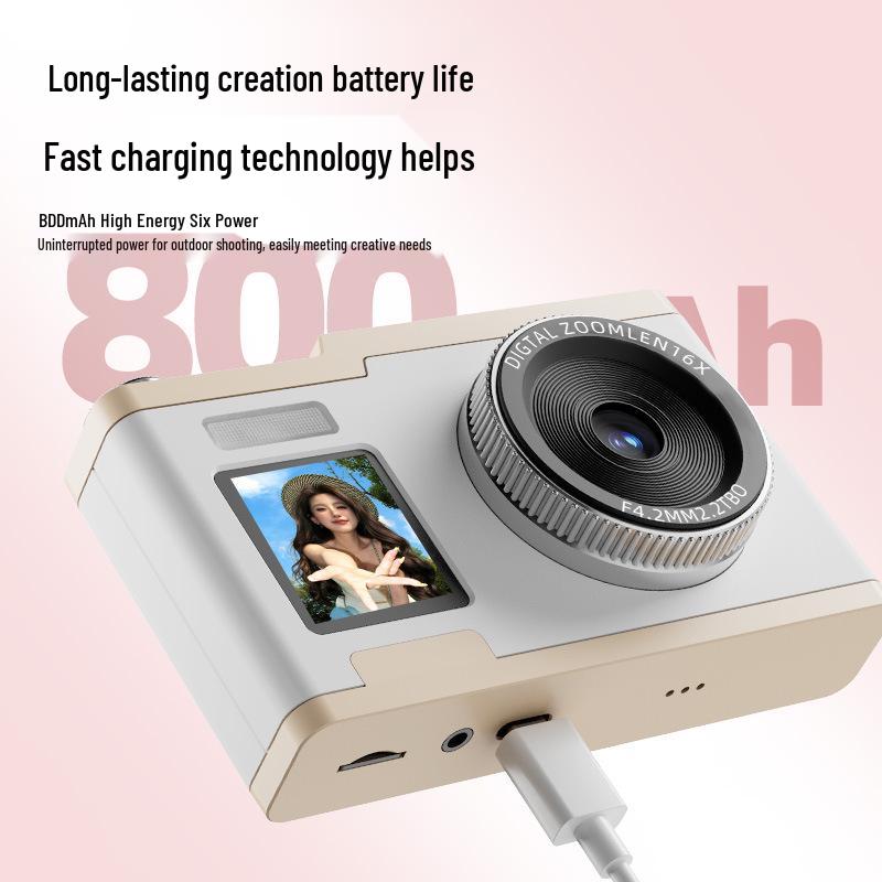 Retro HD Digital Camera with Dual Screens, 64MP CCD Sensor, 16x Optical Zoom, and Beauty Mode.