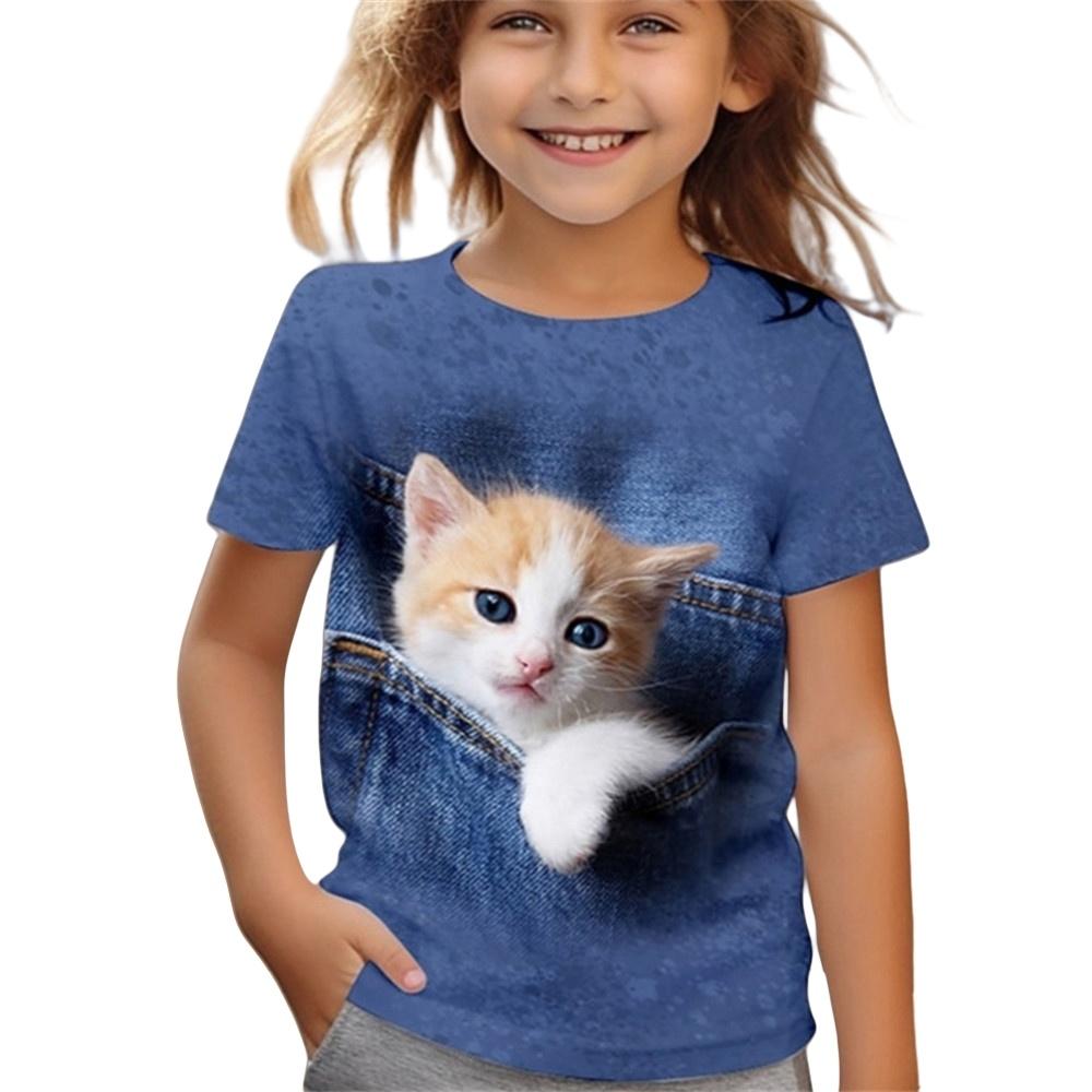 2025 New Girl's T-shirt Fashion Dolphin Children's Clothing Summer Girl's Clothing Cartoon Top Cute Cat Printed T-shirt Children's Clothing
