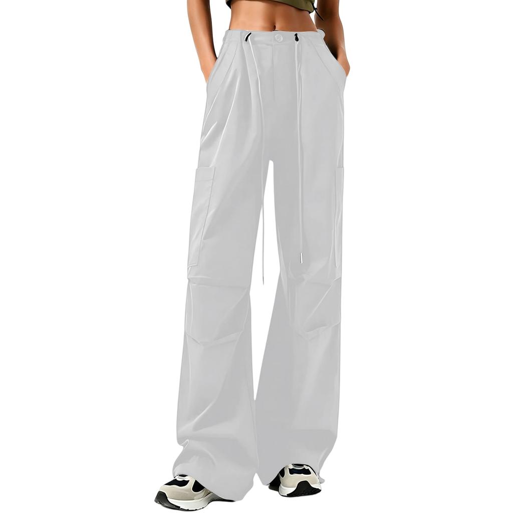 Women's High Waist Wide Leg Cargo Pants Loose Fit Casual Trousers with Pockets Adjustable Waistband and Button Closure