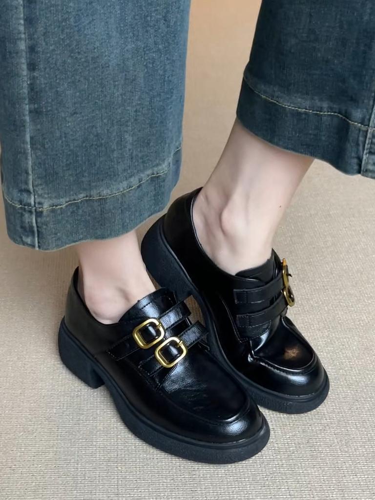 French platform loafers 2025 spring new round head versatile retro British thick heel Mary Jane small leather shoes women