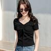 Pure Lust Style V-neck Drawstring Design Korean Style Short High-waisted Women's Short-sleeved T-shirt Fashionable and Versatile Women's Top