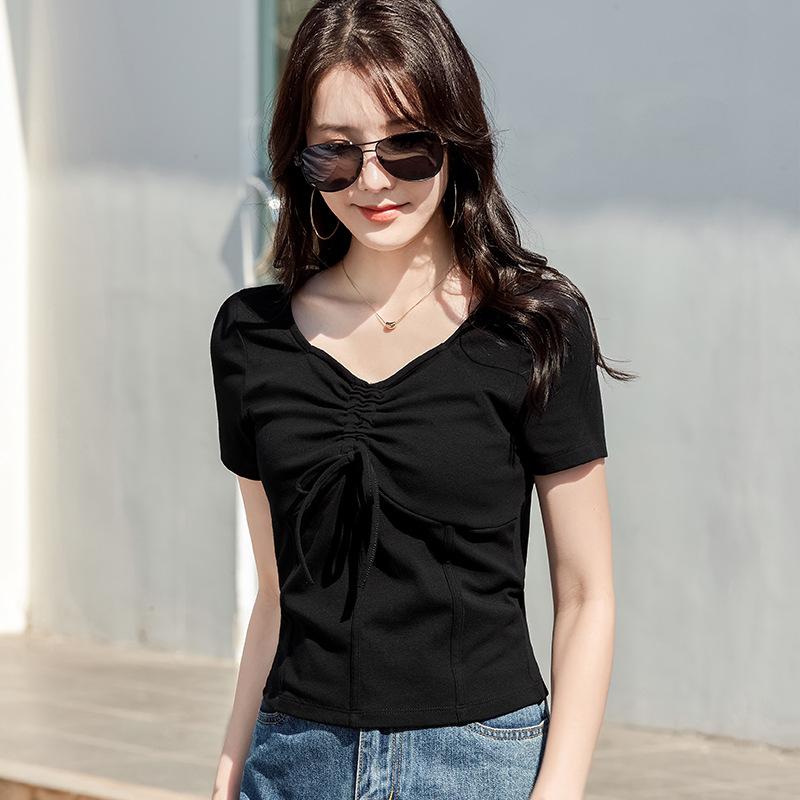 Pure Lust Style V-neck Drawstring Design Korean Style Short High-waisted Women's Short-sleeved T-shirt Fashionable and Versatile Women's Top