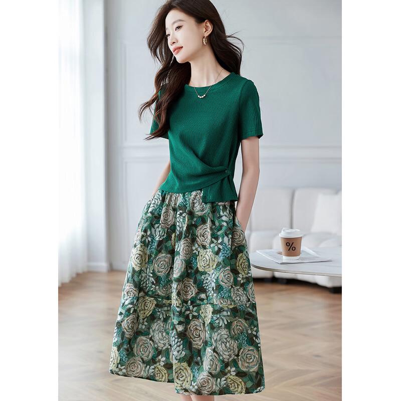 Shangjing Women's Summer Knit T-shirt & Rose Print Skirt Set