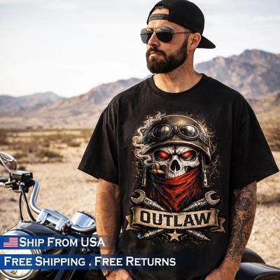 Outlaw Schädel Biker T-Shirt Herren Motorrad Grafik T-Shirt Vintage Fahrer Streetwear