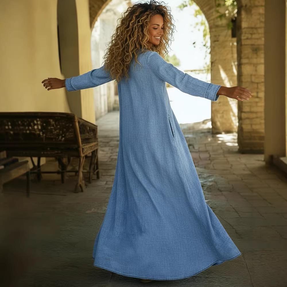 Loose Comfortable V-neck Denim Maxi Dress with Pockets