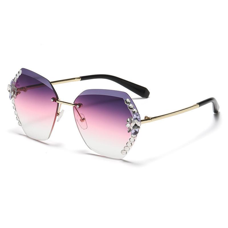 

Fashionable Oversized Rhinestone Rimless Sunglasses Uv400 Protection Pink Lens Gold Frame StyleA