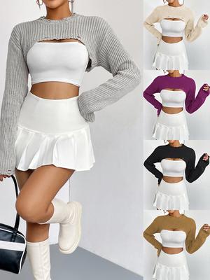 Knitted Top with Pullover for Women, Ultra Short Outer and Sexy Half Cut Top