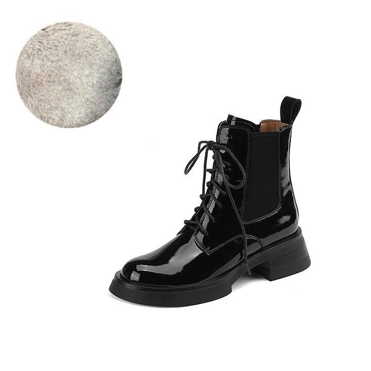 Fashion NEW Fall Shoes Women Patent Leather Boots Round Toe Chunky Heel Women Boots Winter Solid Lace-up Ankle Boots Western Boots Women