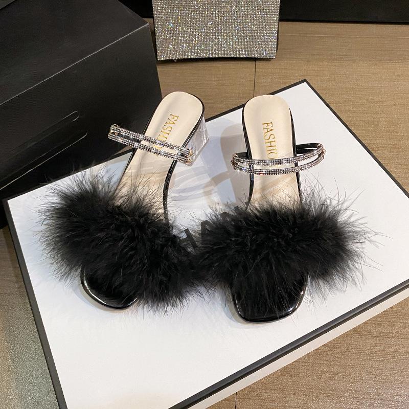 Two Crystal Thick Heel Fluffy Cool Slippers Women's Summer 2025 New One-word Strap with Skirt High Heels