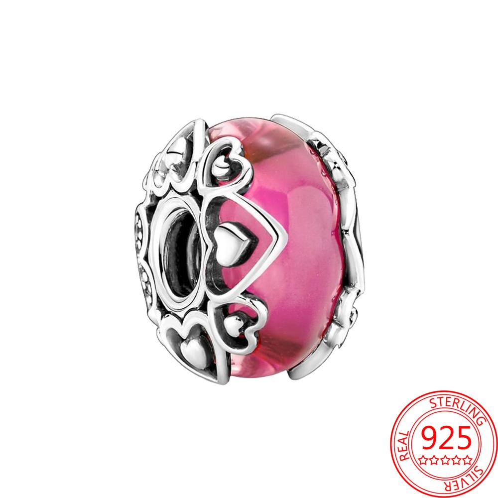 Romantische Perlen, Geständnisse der Liebe, rosa Murano-Glas-Charms, passend für Mode-Armbänder, Mädchen, S925-Sterlingsilber, Schmuck, Geschenk