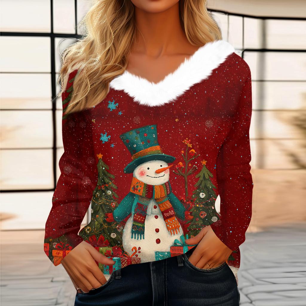 Women's Christmas Printed Long Sleeved Party Plush Neck V-neck Top
