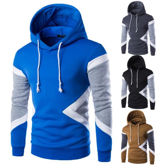 Men Hoodie Contrast Color Drawstring Autumn Winter Loose Patchwork Sweatshirt Male Clothes