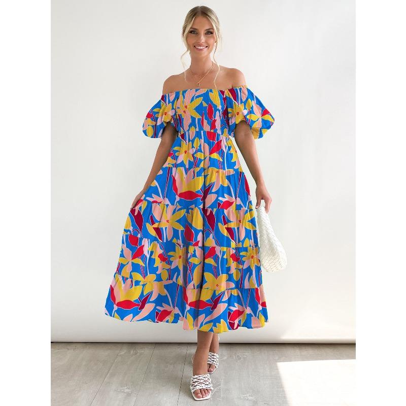 Summer New Bubble Sleeve Holiday Skinny Long Dress Spice Girl High Waist Shoulder Printed Dress Women