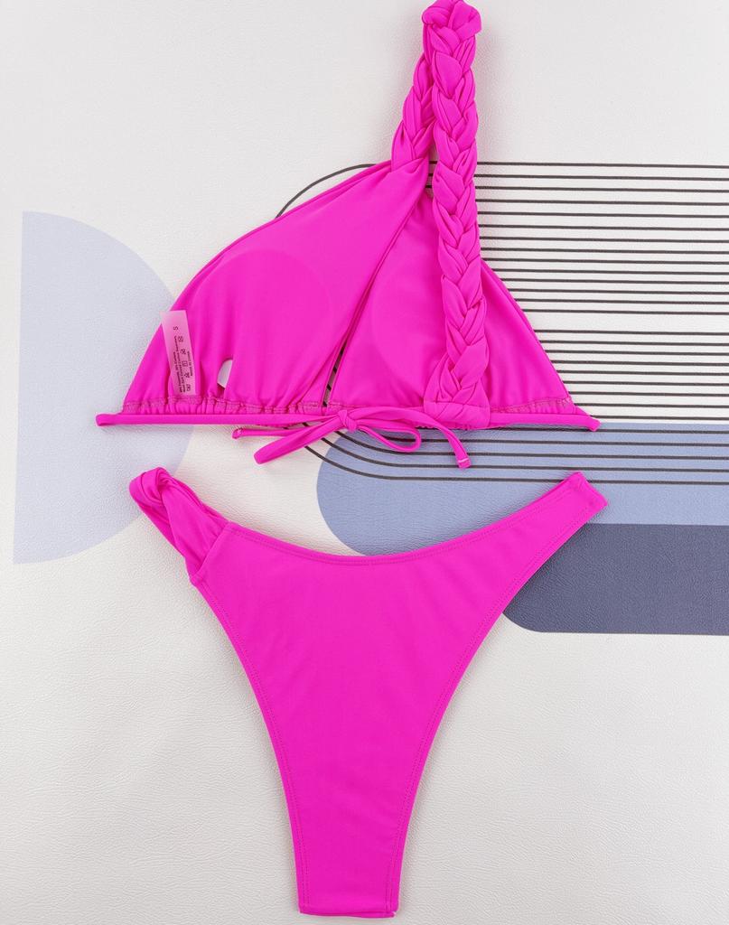 Damski strój kąpielowy w jednolitym kolorze, tkane paski, wycięcie, wysoka talia, seksowne bikini, kostiumy kąpielowe