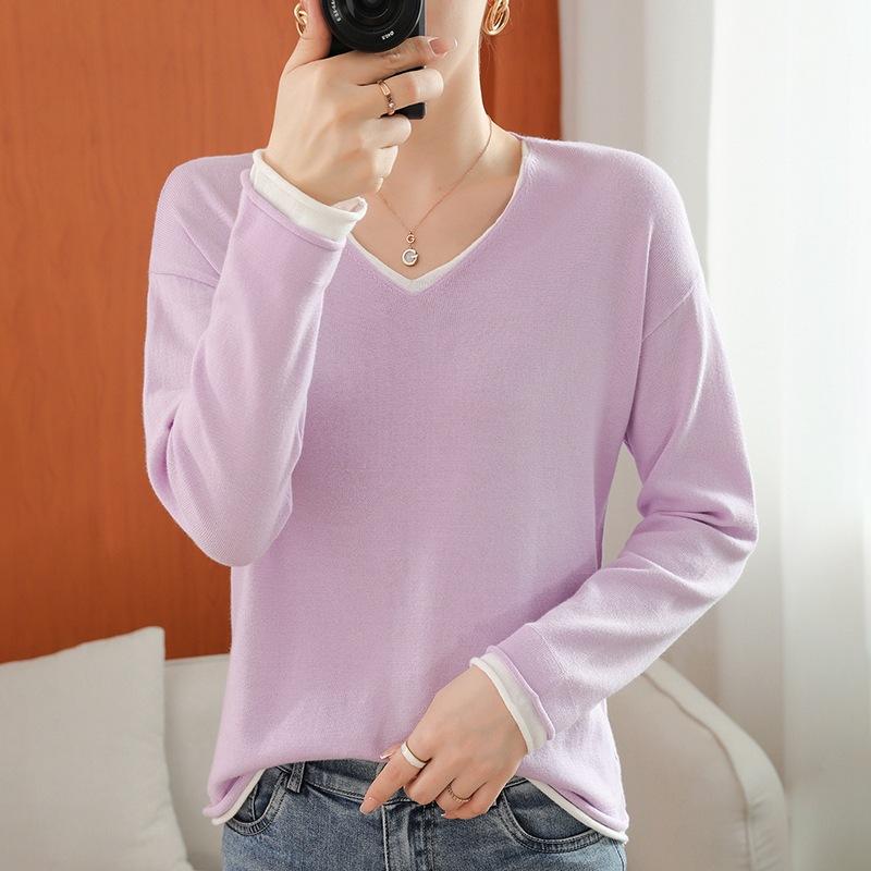 V-neck Cotton Thread Contrast Color Fake Two-piece Sweater Women's Base Shirt Spring and Autumn New Style Loose Knitted Sweater Top
