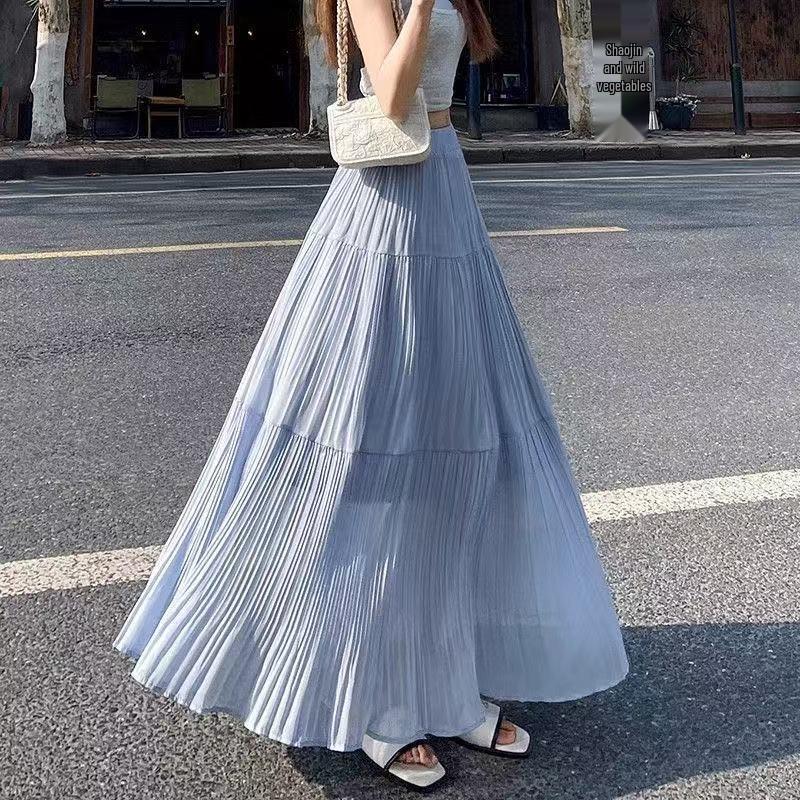 

Petite Women s Purple Layered Chiffon A-Line Pleated Midi Skirt - High-Waisted, Slimming, Versatile Summer Style Regular Light Blue [Height above 157cm]