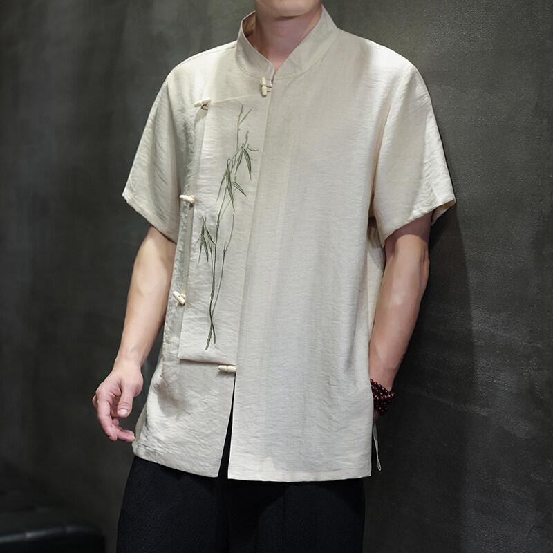 2025 Men Chinese Style Shirts Men Short Sleeve Shirt Summer Men Bamboo Leaf Shirt Men Cotton Trendy Loose Vintage Tops