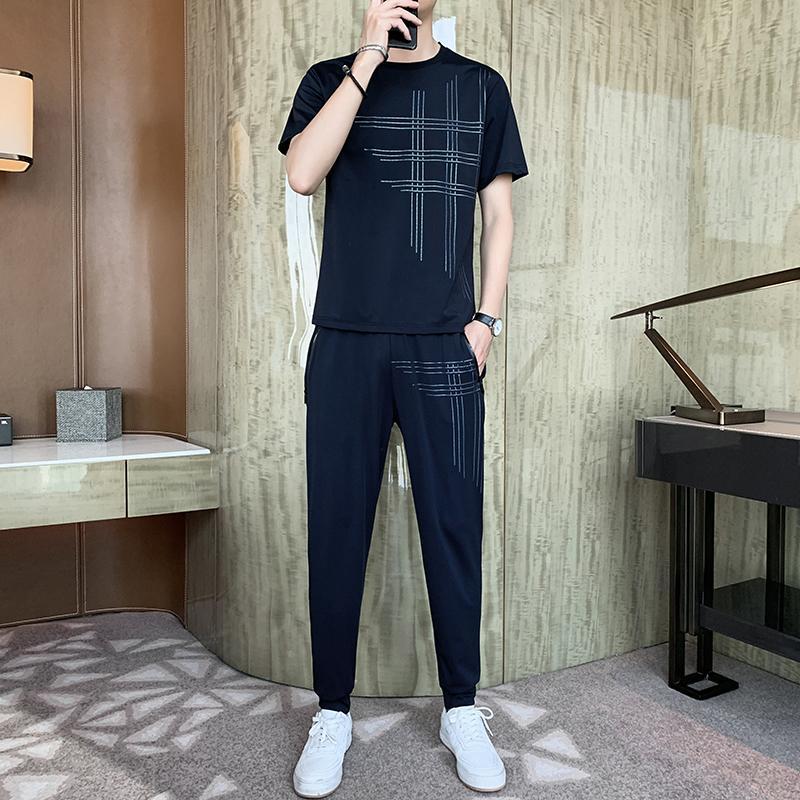 

Summer Leisure Sports Suit Man s Loose Extended sizes Ice Silk Thin Suit Quick-drying and Breathable Set XXXXXL синий