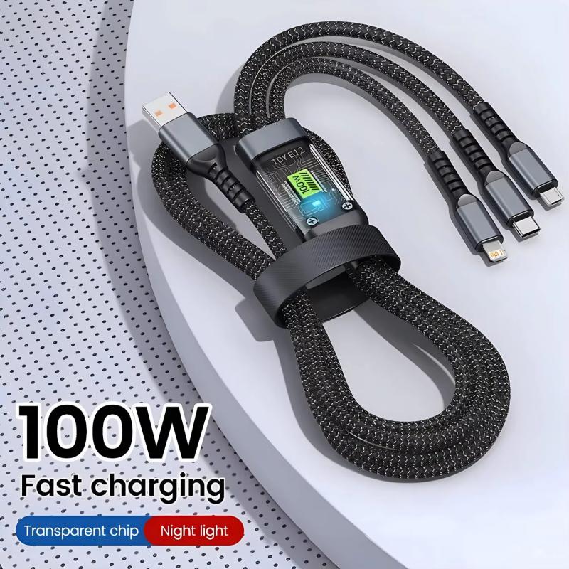 Fast Charging Three in One Nylon Braided Charging Cable for Mobile Phone Charger IPhone Fast Charging Cable 100W 1.2m чёрный