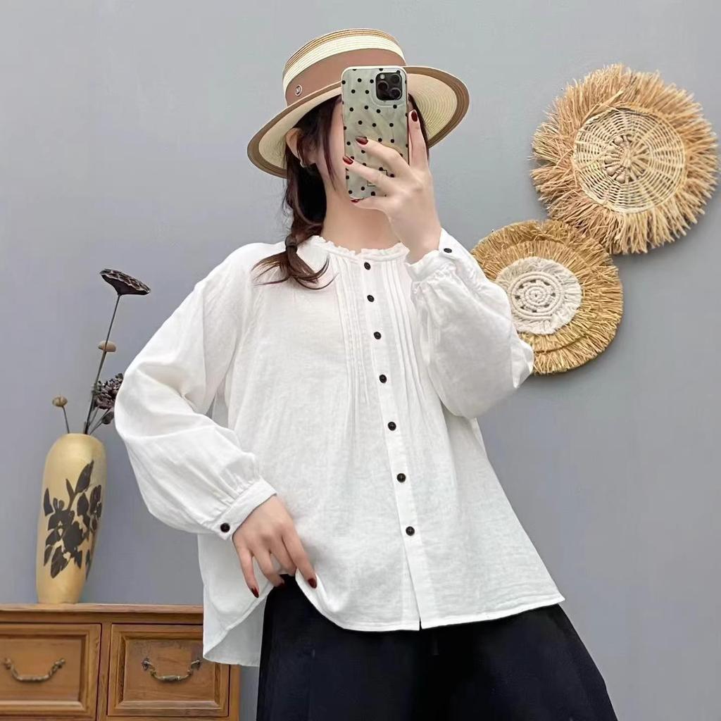 2026 Spring Artistic Pleated Button-Up Cotton Gauze Shirt - Women's Casual Long-Sleeve Top