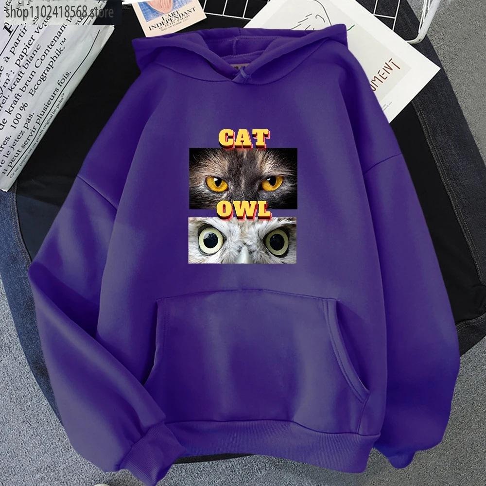 Animal Garphic Men Clothing A Cat and An Owl Hoodies Cartoon