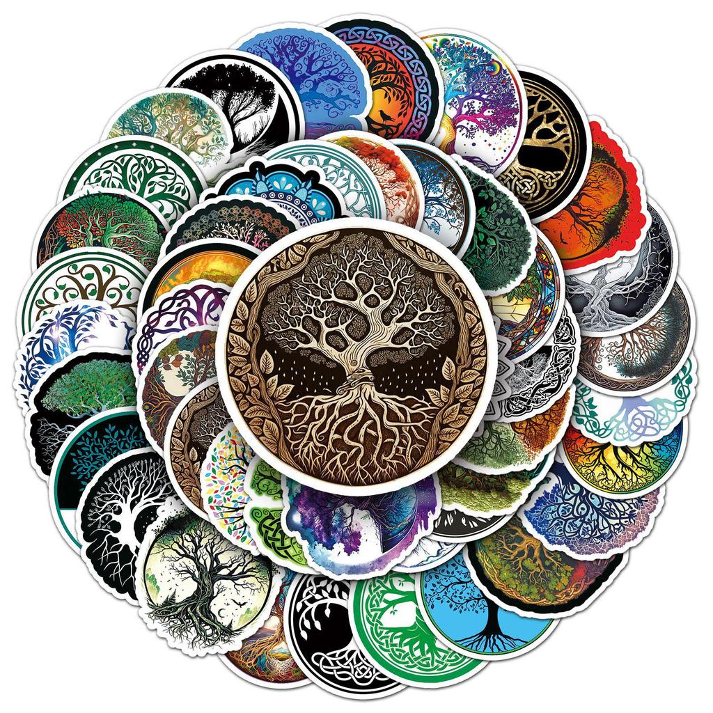 50 Life Tree Journal Stickers: Artistic Totem Patterns for Retro Phone Cases, Water Bottles, and Computers – Waterproof Decoration
