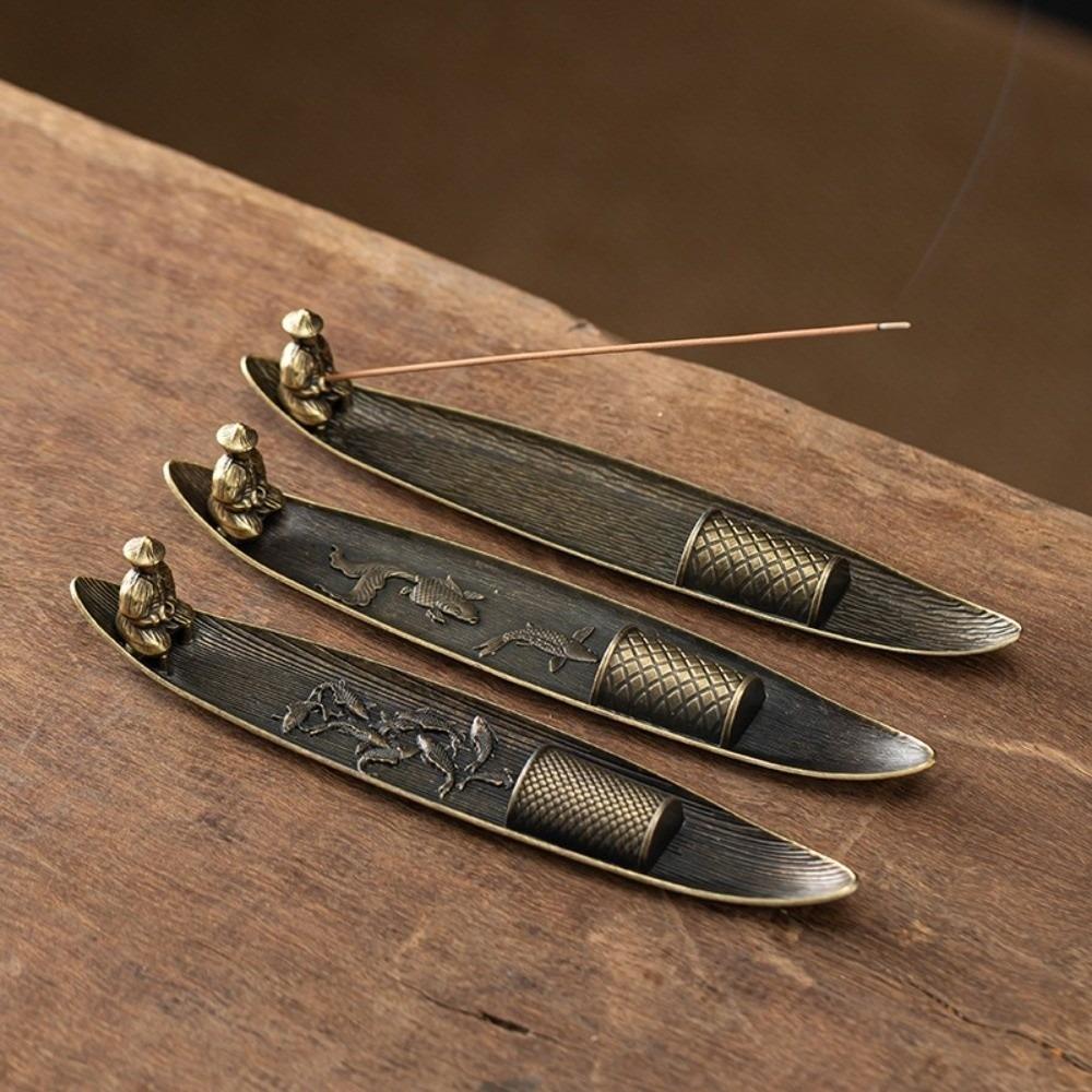 Boat Shape Incense Holder Old Men Fishing Traditional Incense Censer Metal Sturdy Incense Stick Burner Home Office Decor