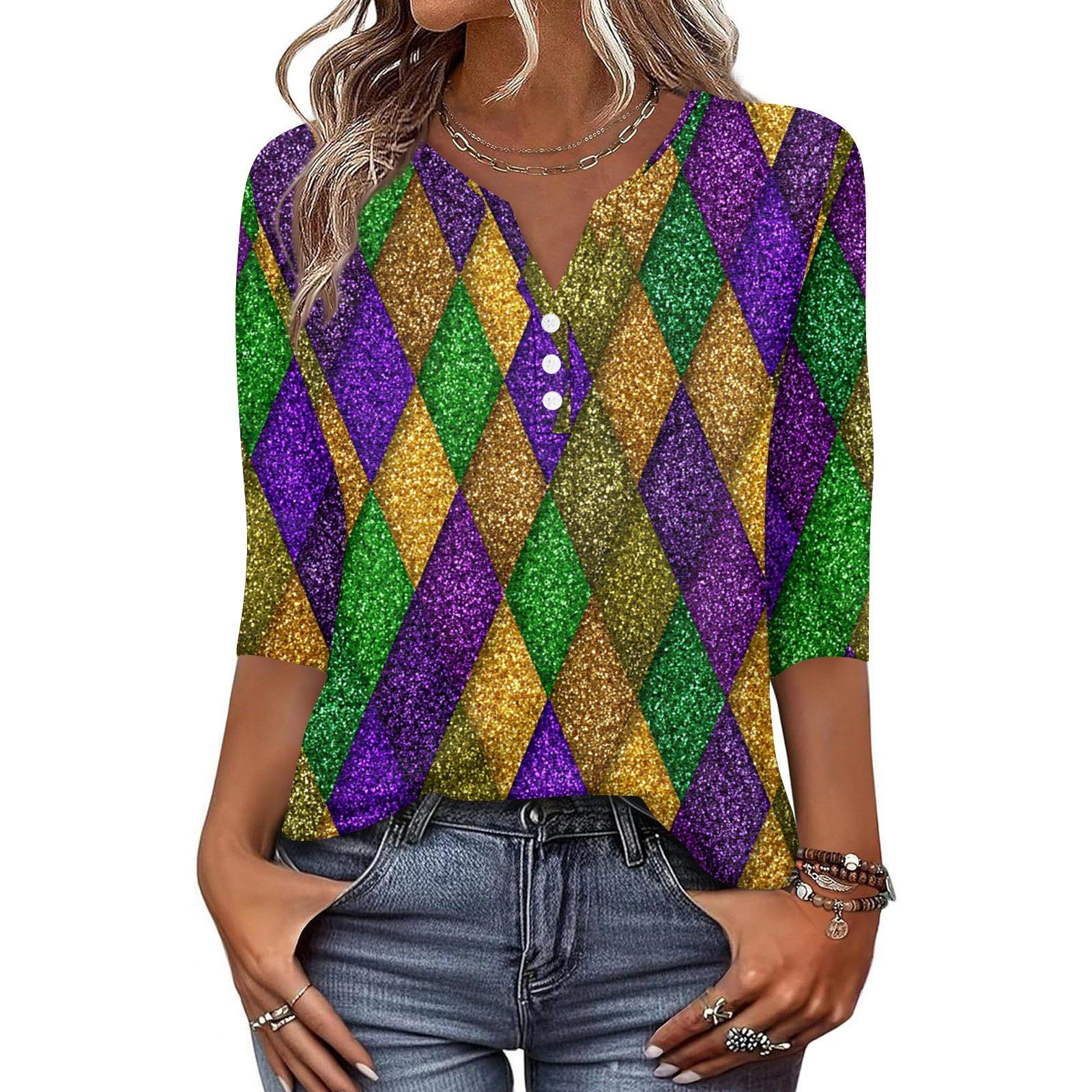 

Women s T Shirt Print Button 3/4 Sleeve Daily Weekend Fashion Basic V- Neck Regular Top M зелений