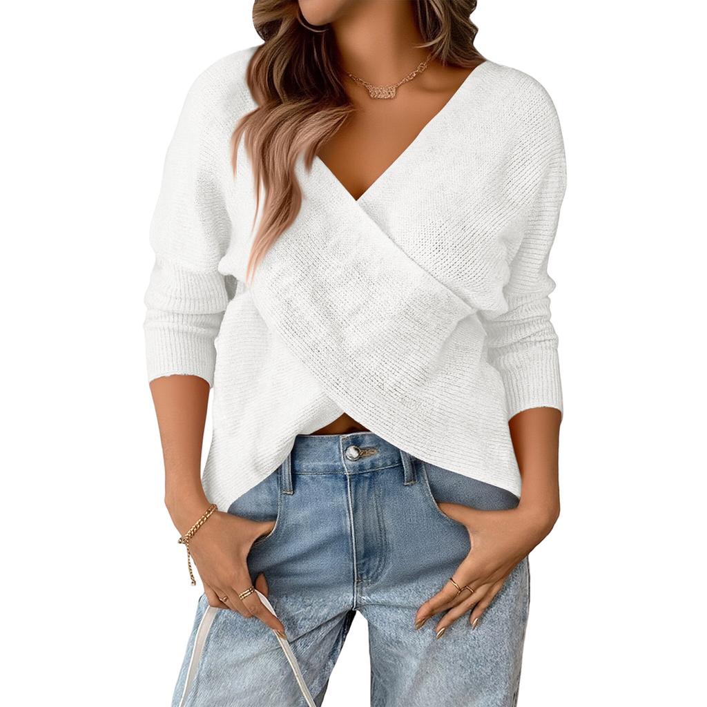 Women's Relaxed Patchwork V,neck Loose Long,sleeved Polyester Sweater