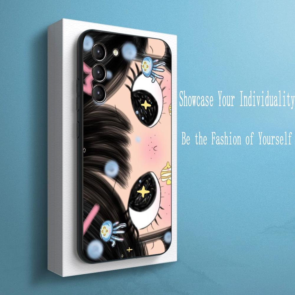 Cute Girl Cartoon Big Eye Design Phone Case For Samsung Galaxy S26 S25 S24 S23 S22 S21 Plus Ultra Note20 Soft Black
