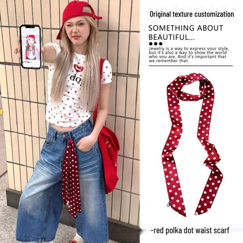 Spicy Girl Red Polka Dot Silk Scarf Tie Waist/Nec Ribbon Accessory