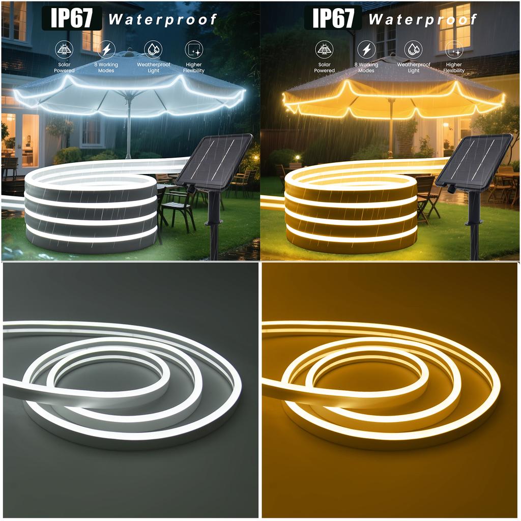 Solar Powered Neon Strip DC 24V IP67 Waterproof Warm/Cold White Flexible Ribbon Rope LED Light Outdoor Garden Decor Lamp