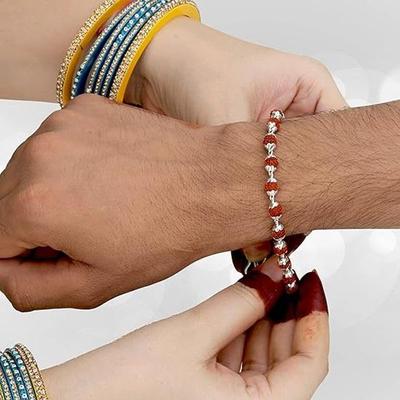 Handmade Silver Double Wire Rudraksha Rakhi Bracelet For Brother Mens Bracelet