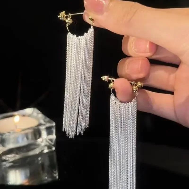 Charm Sparkling Galaxy Falls Long Tassel Drop Dangle Earrings for Women Exaggerate Stainless Steel Chain Hoop Earring Jewelry