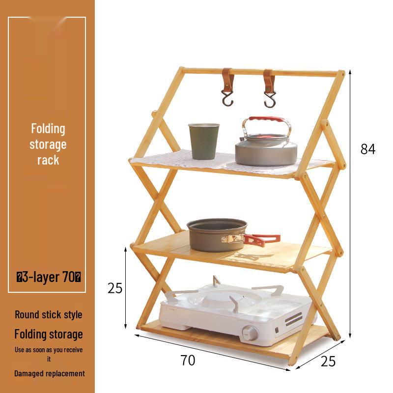 Multi-Layer Bamboo & Wood Folding Storage Rack for Outdoor Camping & Picnics
