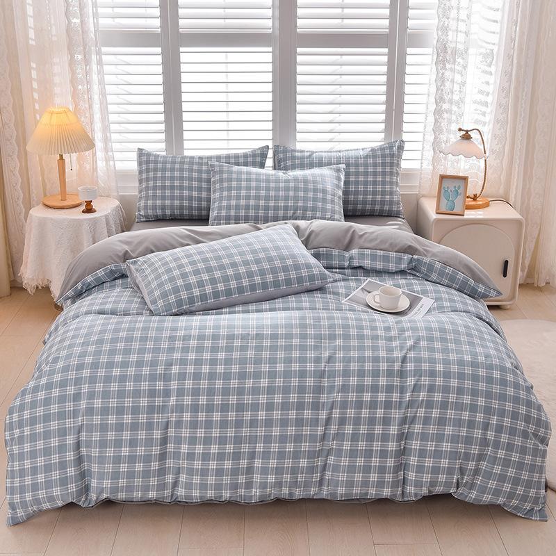 Plaid Solid Color Thickened Brushed Bed Sheet Four-piece Set Quilt Cover Single Piece Washed Cotton Dormitory Bedding Three-piece Set