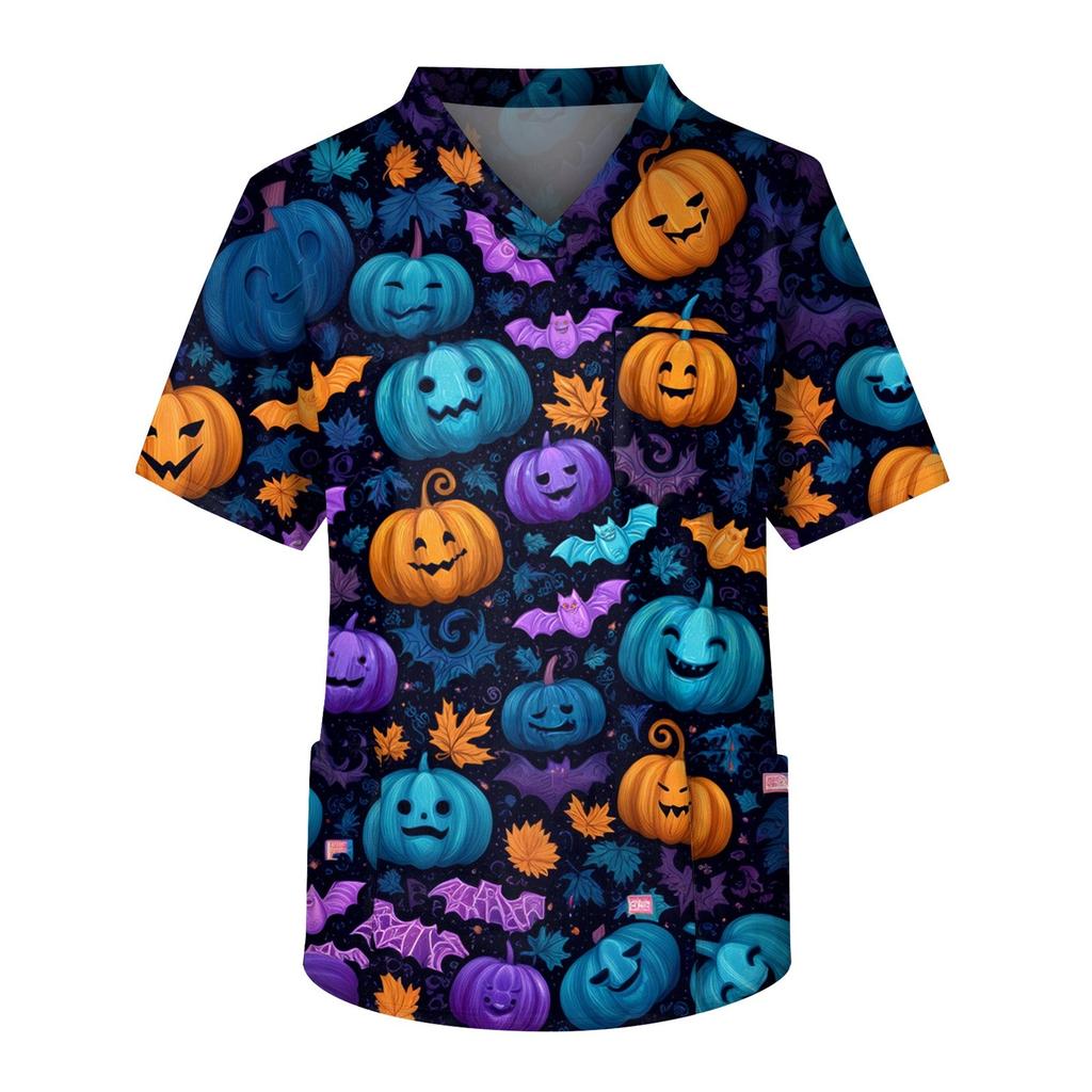 Men's Short Sleeve V-Neck Halloween Print Chest Pocket Care Top