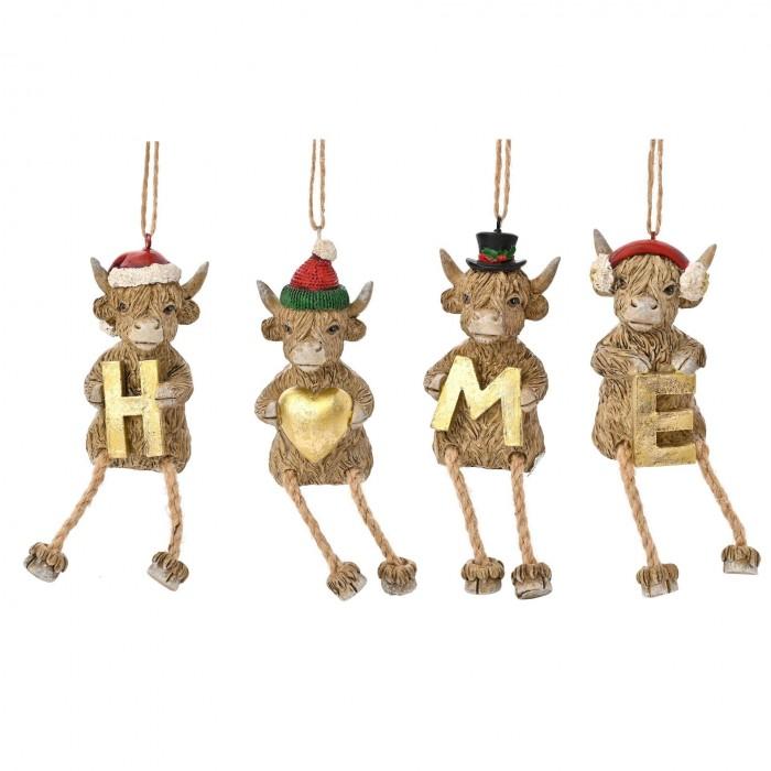 Set of 4 Highland Cow Decorations 'Home'