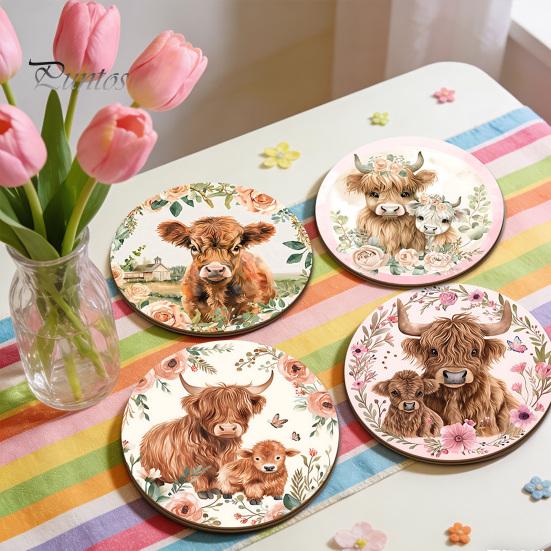 Healing Highland Calf Pattern Gifts Cow Cork Coasters, Cute Floral Farmhouse Drink Mats with Protective Furniture for Office Non-Slip Base,